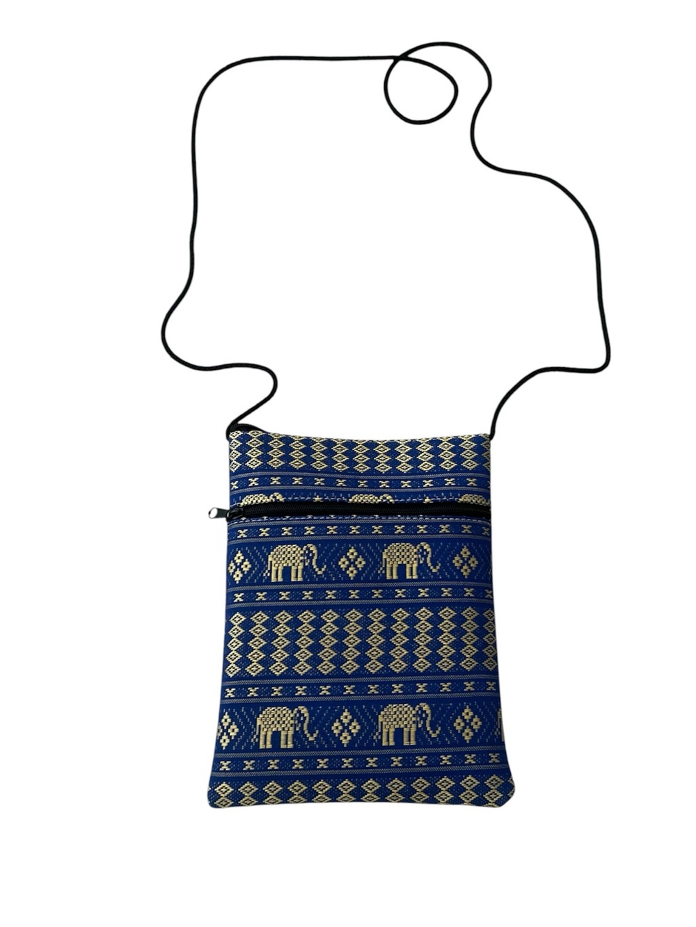 Thailand elephant pattern small crossbody bag sling blue gold zip